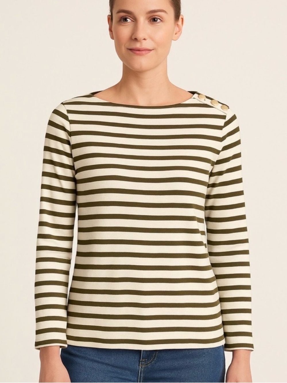 LOFT Olive & Cream Striped Boatneck Long-Sleeve Top
